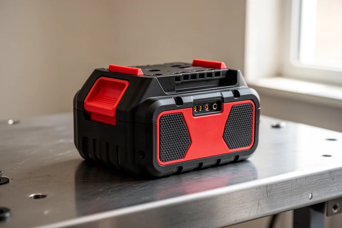 Primo piano di una batteria al litio ad alto assorbimento su un banco officina