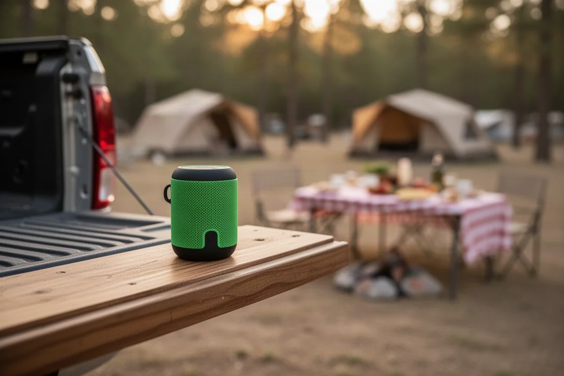 Altoparlante portatile compatto appoggiato su un portellone posteriore con atmosfera outdoor sullo sfondo