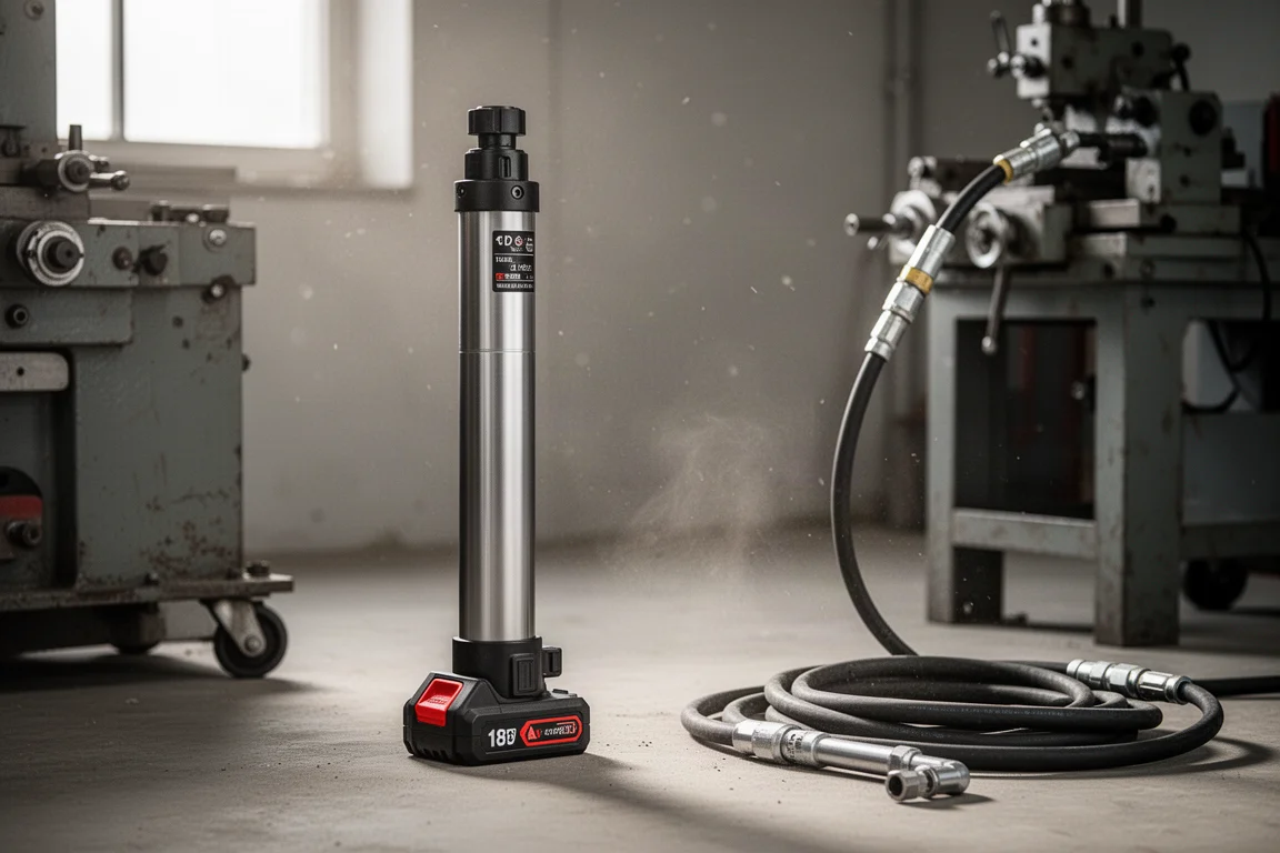 Batteridriven hydraulpump placerad bredvid tung maskineri i en verkstad