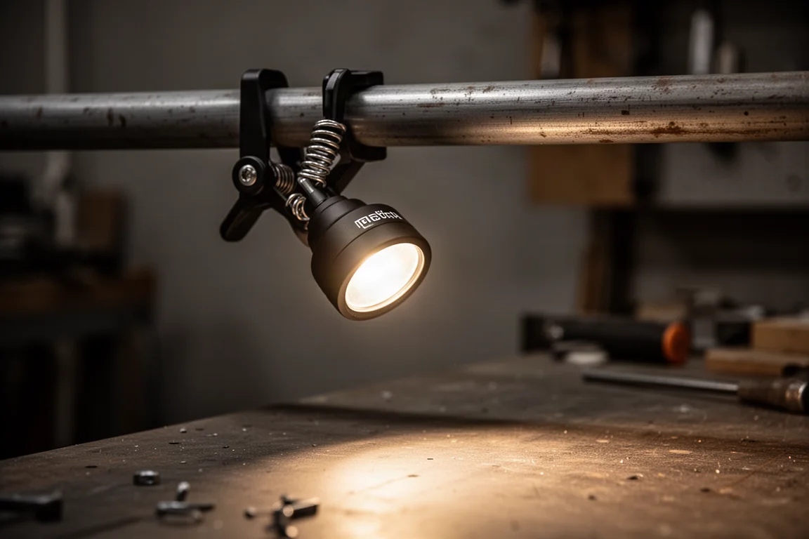 LED-klämmlampa fäst på en metallbalk som kastar ett starkt arbetsljus