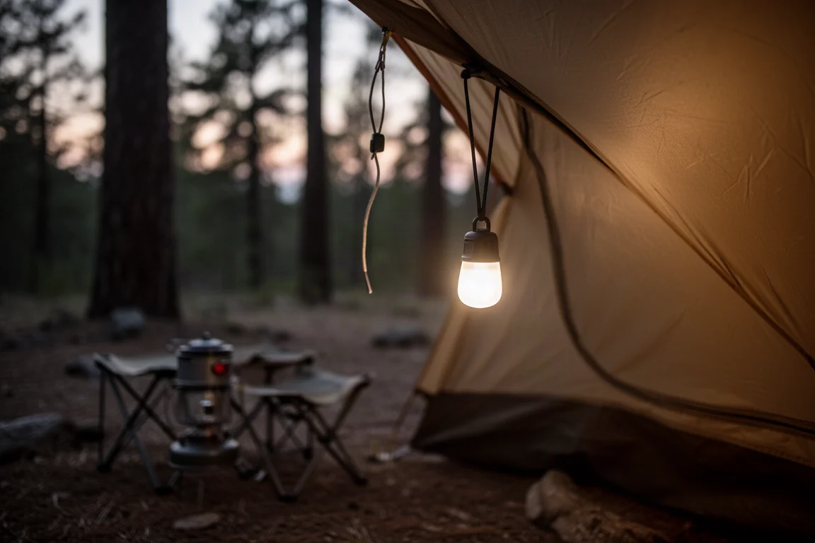 Campinggäst som använder en liten LED-lampa i en halsrem på en campingplats i skymningen
