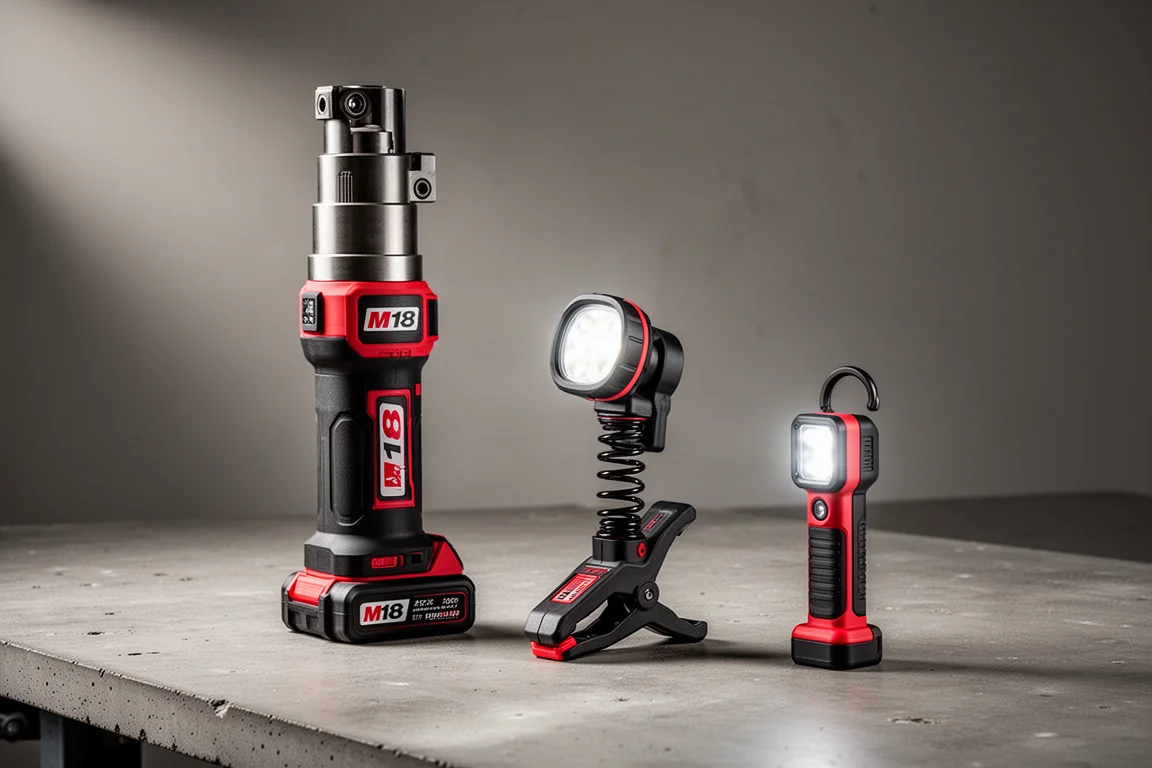 Pompa hydrauliczna Milwaukee i dwie lampy Ryobi USB Lithium ułożone na powierzchni warsztatowej