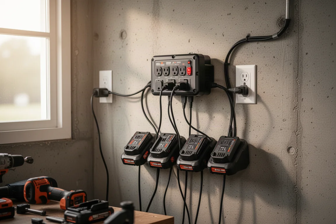 Unité de distribution d'énergie murale rechargeant plusieurs batteries d'outils dans un atelier