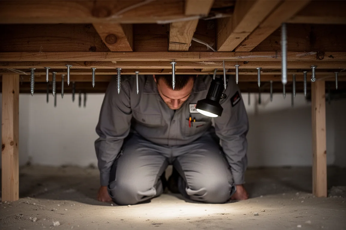 Technicien CVC travaillant dans un espace plafond exigu avec des clous suspendus et des conduits