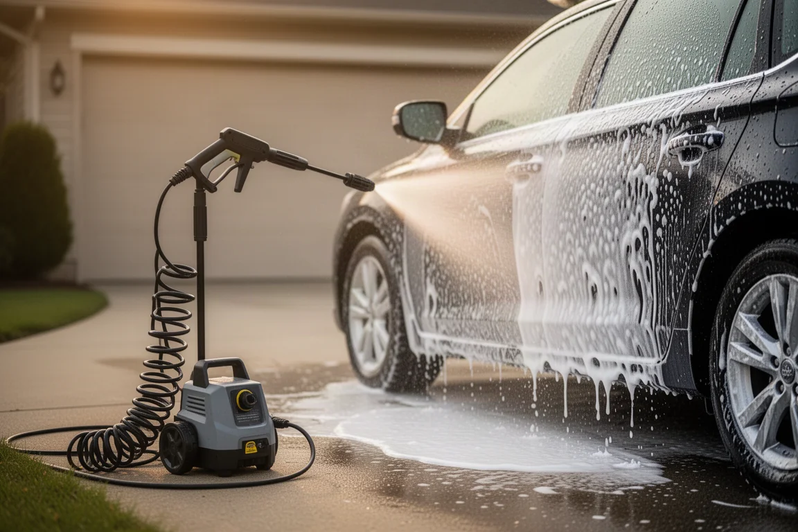 Nettoyeur haute pression électrique compact lavant une voiture dans une allée résidentielle