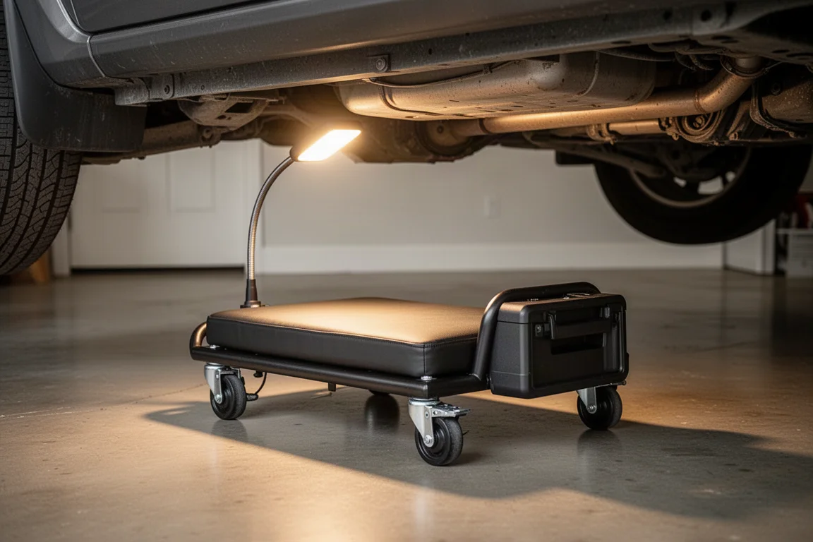 Siège à roulettes rembourré et éclairé sous un véhicule dans un garage domestique