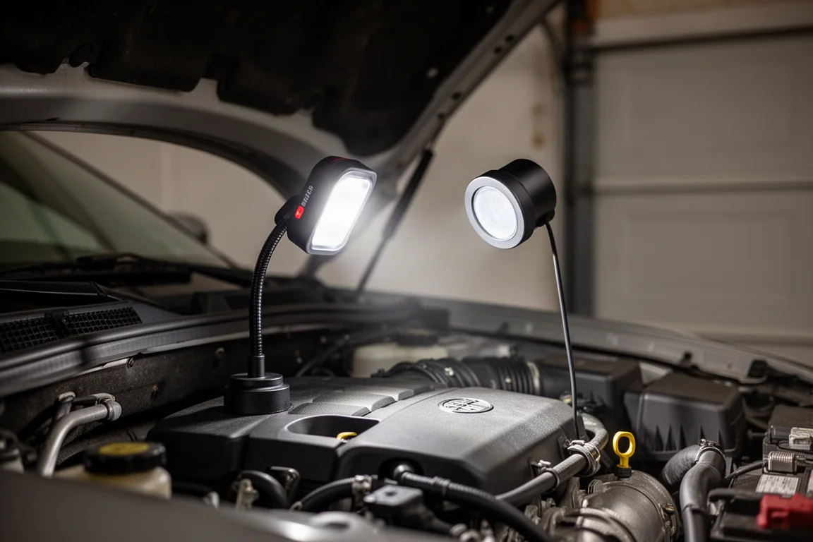 Flexibel LED-arbetsbelysning magnetiskt monterad under en motorhuv som lyser upp ett motorrum