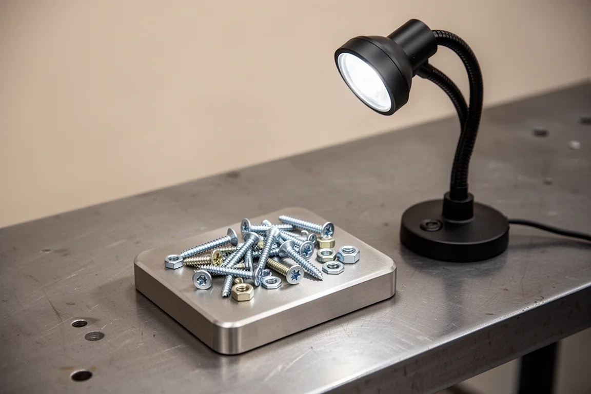 Magnetisk lådlykta som håller skruvar och bultar på en metallbänk