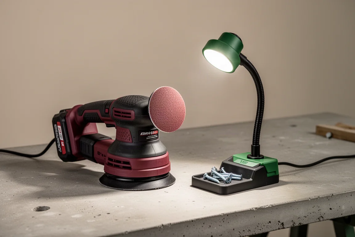 Cordless orbital sander and flexible-neck magnetic LED tray light on a concrete workbench