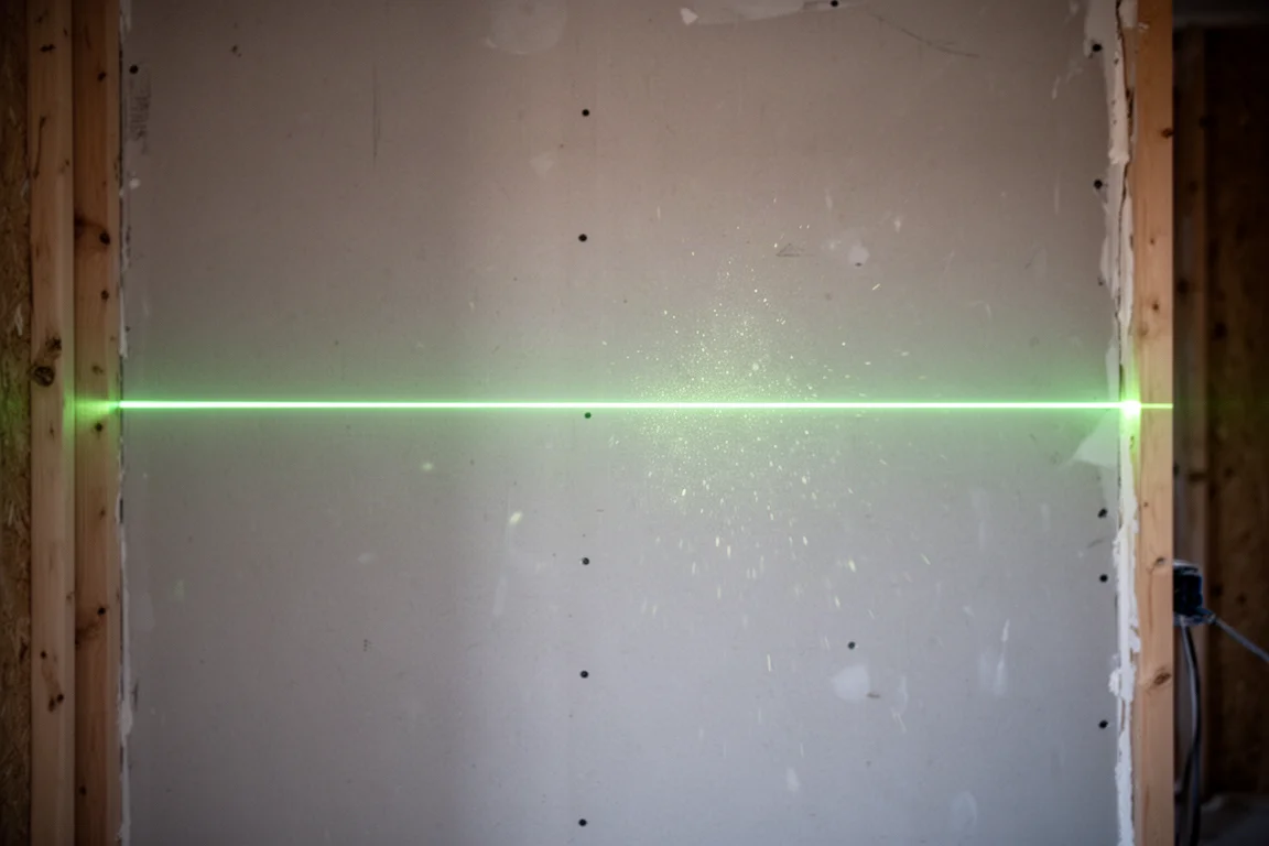 Zielony laser krzyżowy wyświetlany na ścianie podczas prac rozrysowaniowych we wnętrzu