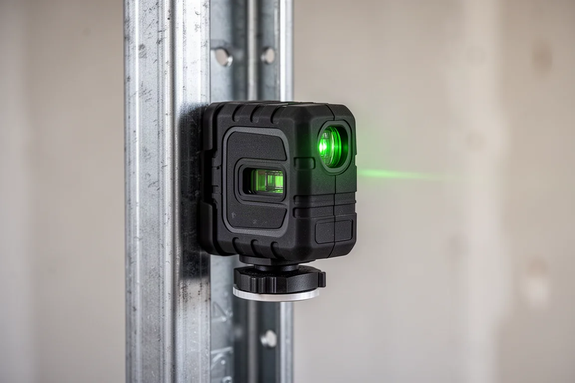 Kompasowy poziomica laserowa zamocowana zaciskiem do stalowej szyny na placu budowy