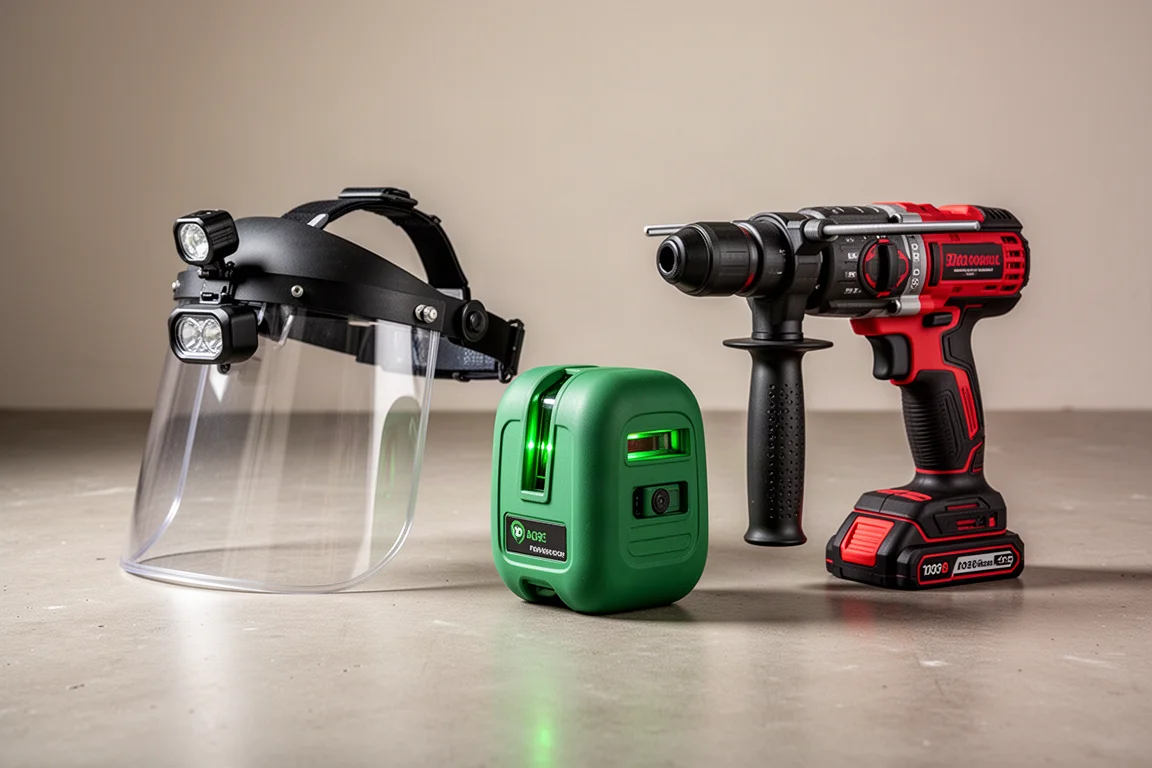 Milwaukee BOLT safety gear, M12 laser, and M18 FUEL rotary hammer arranged on concrete