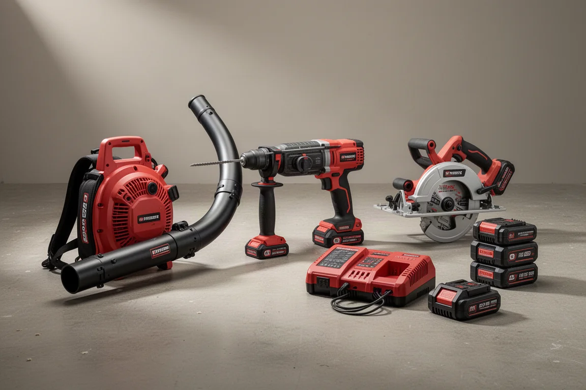 Lineup of cordless construction tools including a rotary hammer, circular saw, backpack blower, and chargers on concrete