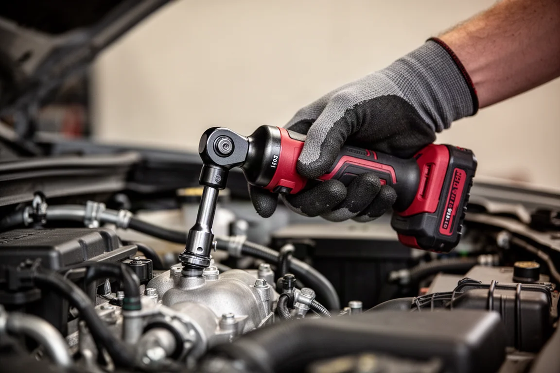 Mechaniker verwendet eine kompakte Akku-Ratsche in einem engen Motorraum