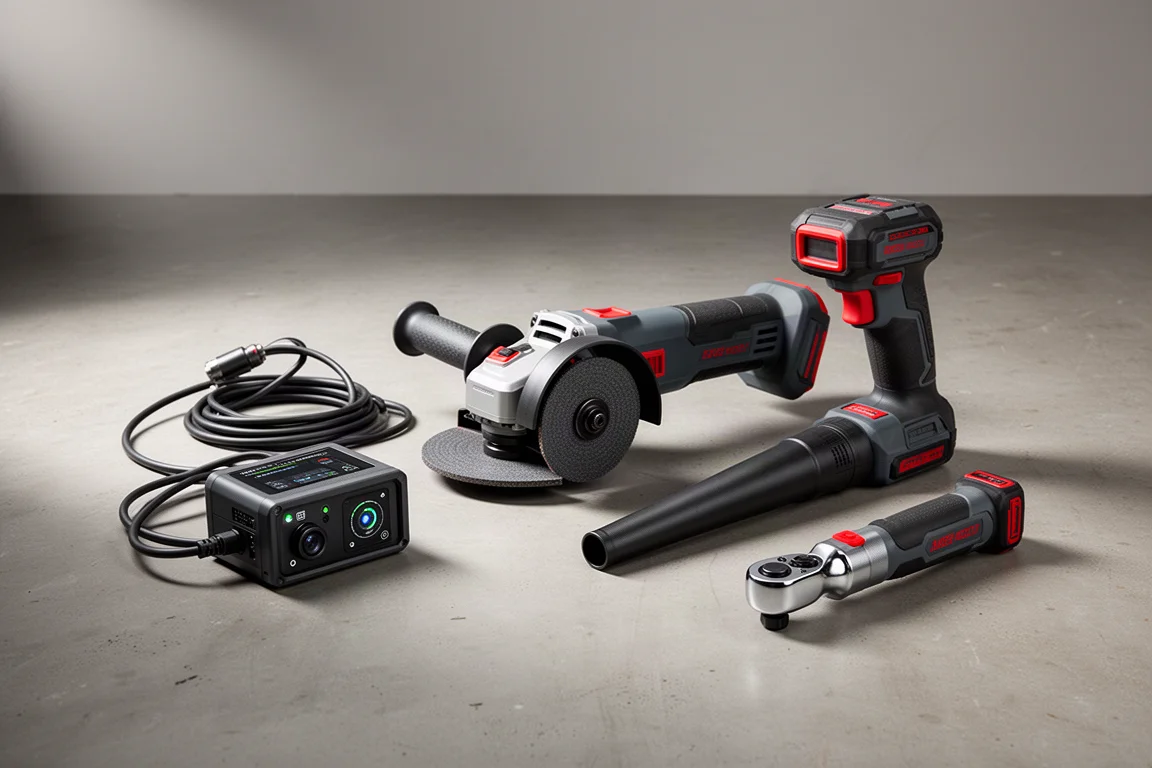 Cordless power tools, battery packs, and a structured tool bag on a concrete floor