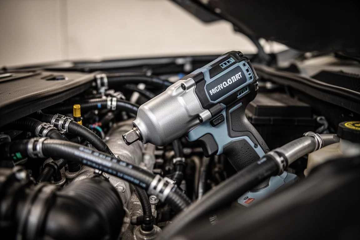 Compact cordless impact wrench reaching into a tight engine bay space