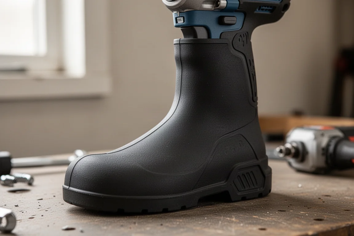 Close-up of a form-fitting protective rubber boot on an impact wrench