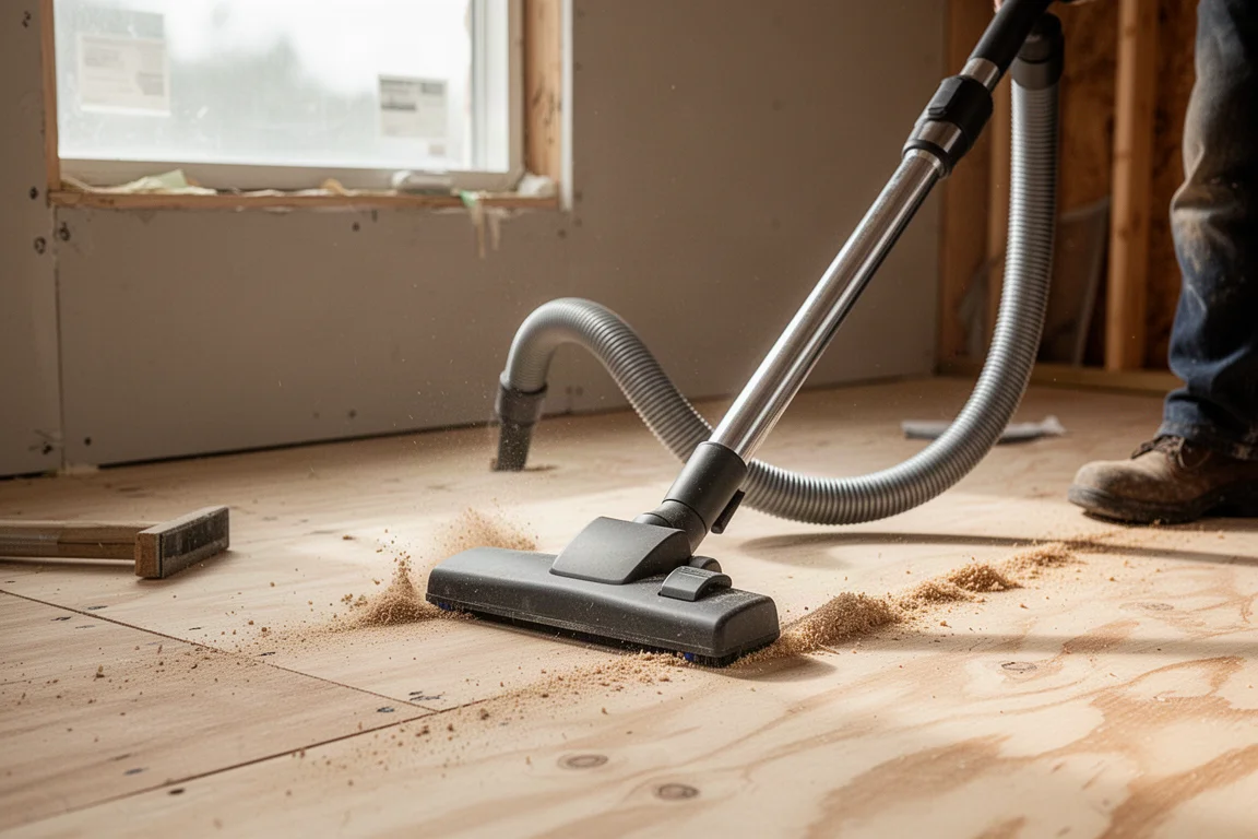 Backpack vacuum hose and pivoting floor tool on a dusty job site floor