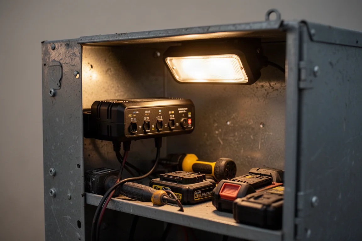 Battery charger with rotating flood light inside a dim steel gang box