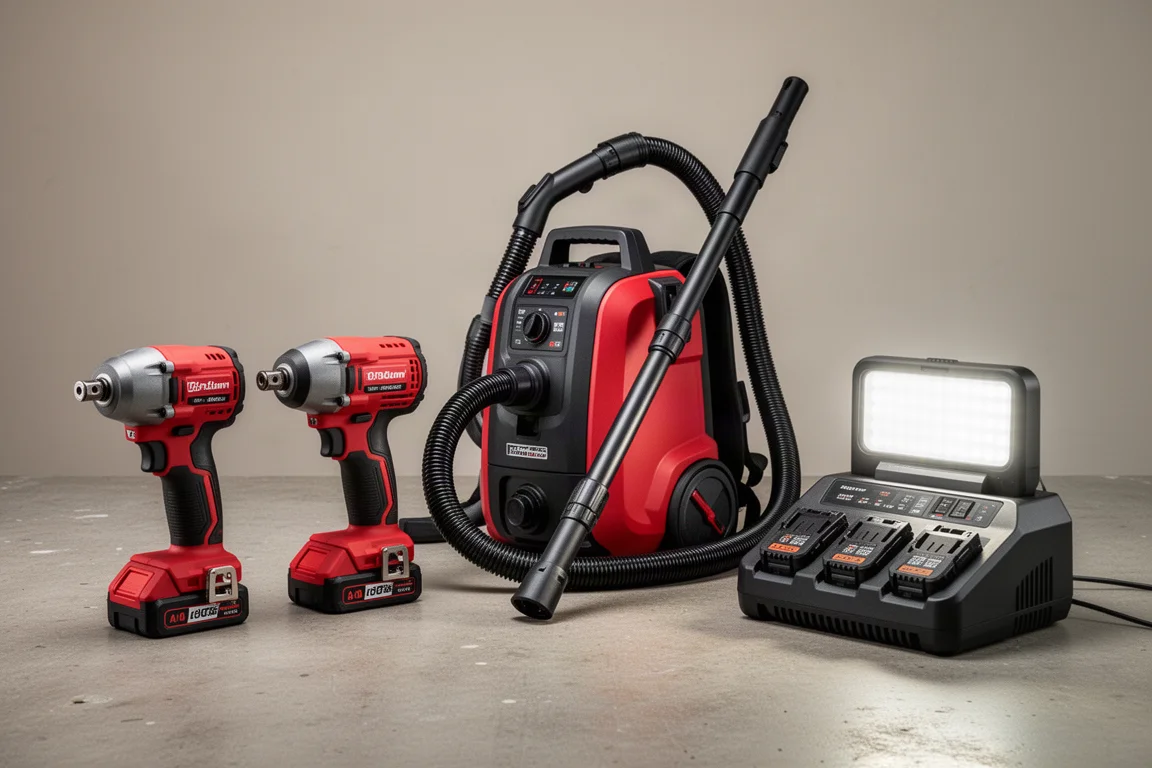 Lineup of Milwaukee cordless impact wrenches, backpack vacuum, and gang box charger on concrete