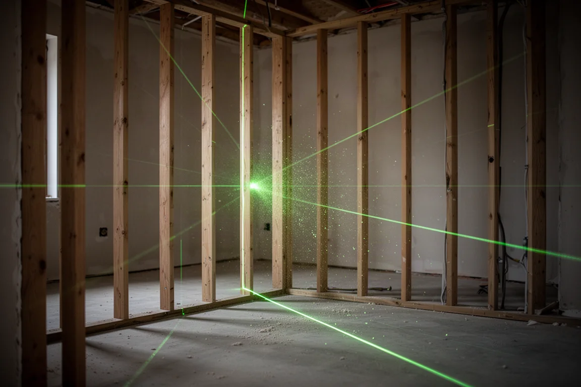 Linee laser verdi proiettate in una stanza interna buia in ristrutturazione