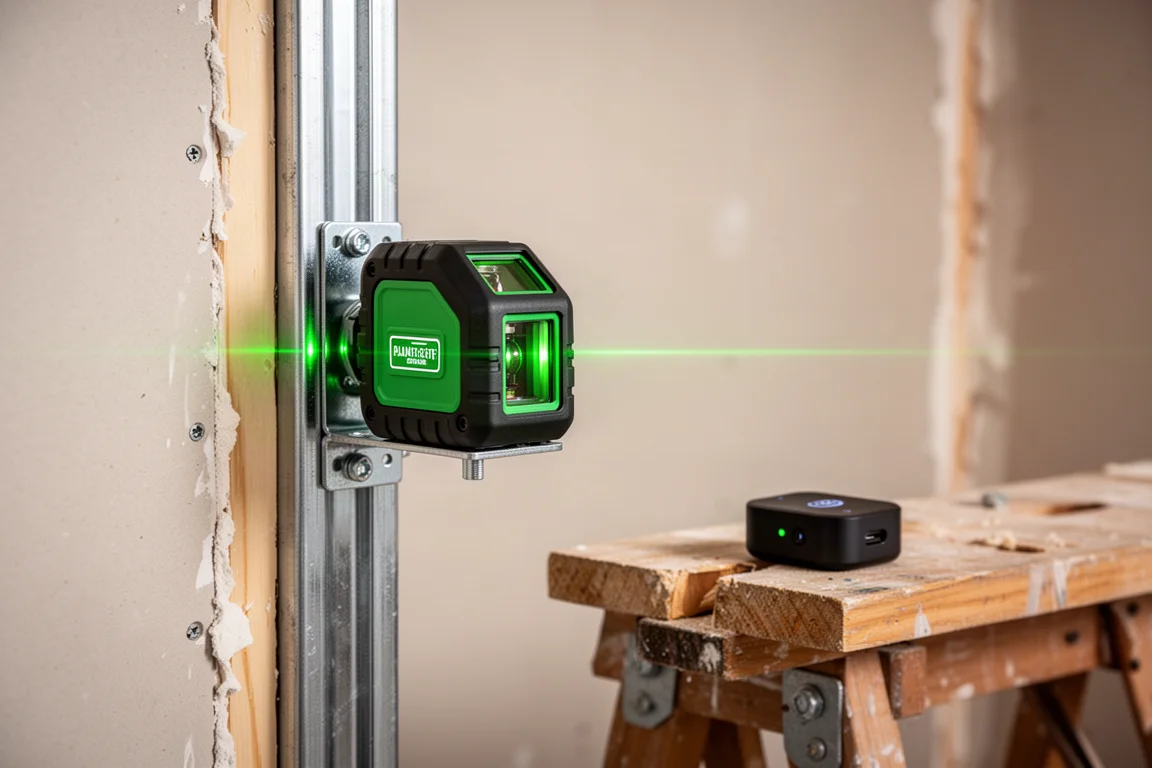 Livello laser montato su una parete in profili metallici con un ricevitore Bluetooth nelle vicinanze