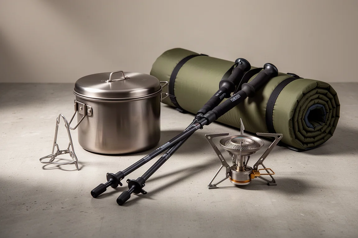 Titanium pot, trekking poles, camp stove and sleeping pad arranged on concrete
