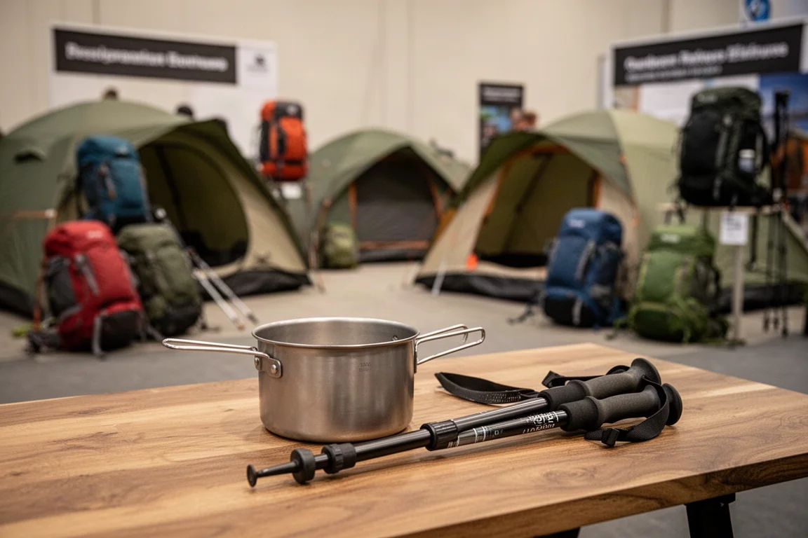 戶外裝備展場一景,前景可見鈦鍋與登山杖