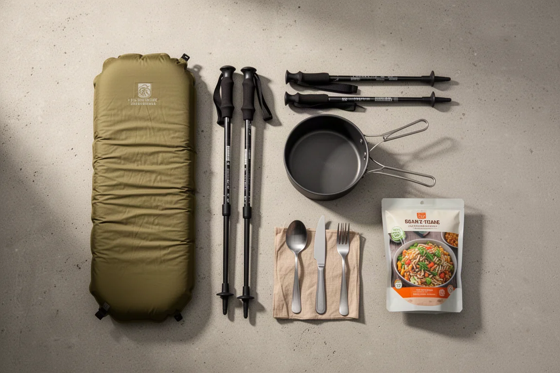 背包裝備平拍,包含睡墊、登山杖、鍋具與調理包,置於水泥地面