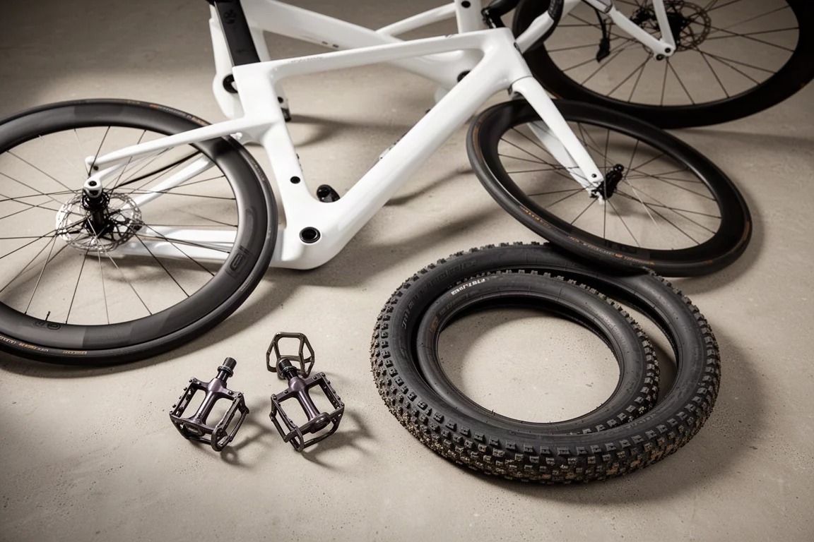 Carbon racefietsframe, pedaalbehuizingen en een opgerolde gravelband op beton