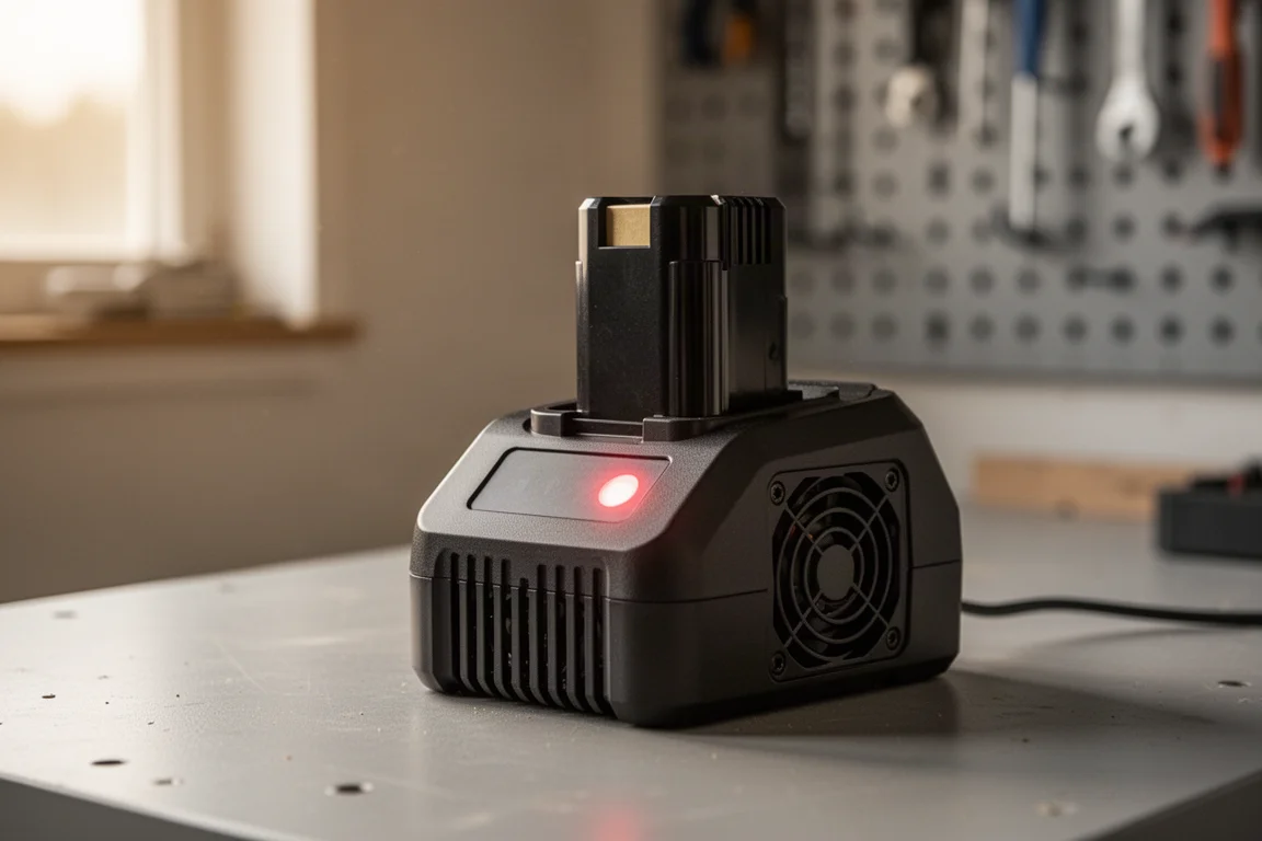 Batteria per tool cordless in ricarica su una banco da officina con una spia di stato accesa