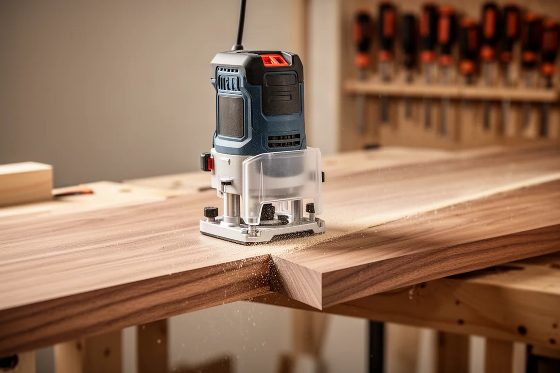 Trim router compatto che modella il bordo di una tavola di legno duro