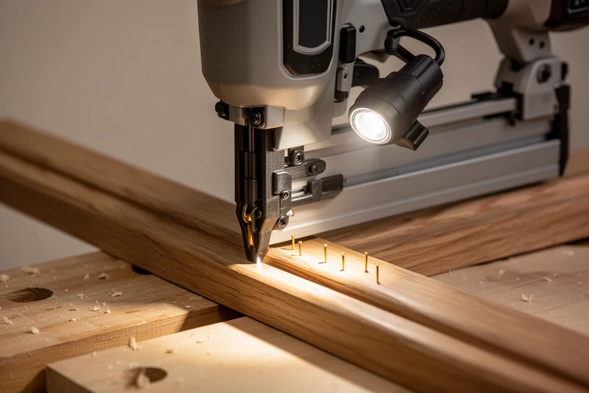 Pin nailer che pianta chiodi a filo in una modanatura in rovere