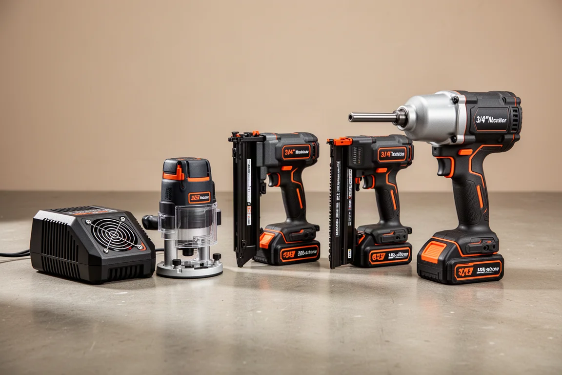 Five Ridgid cordless power tools lined up on a concrete workshop floor