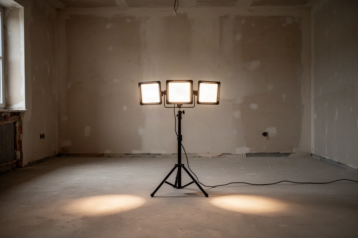 三面板 LED 工作燈照亮昏暗工場角落