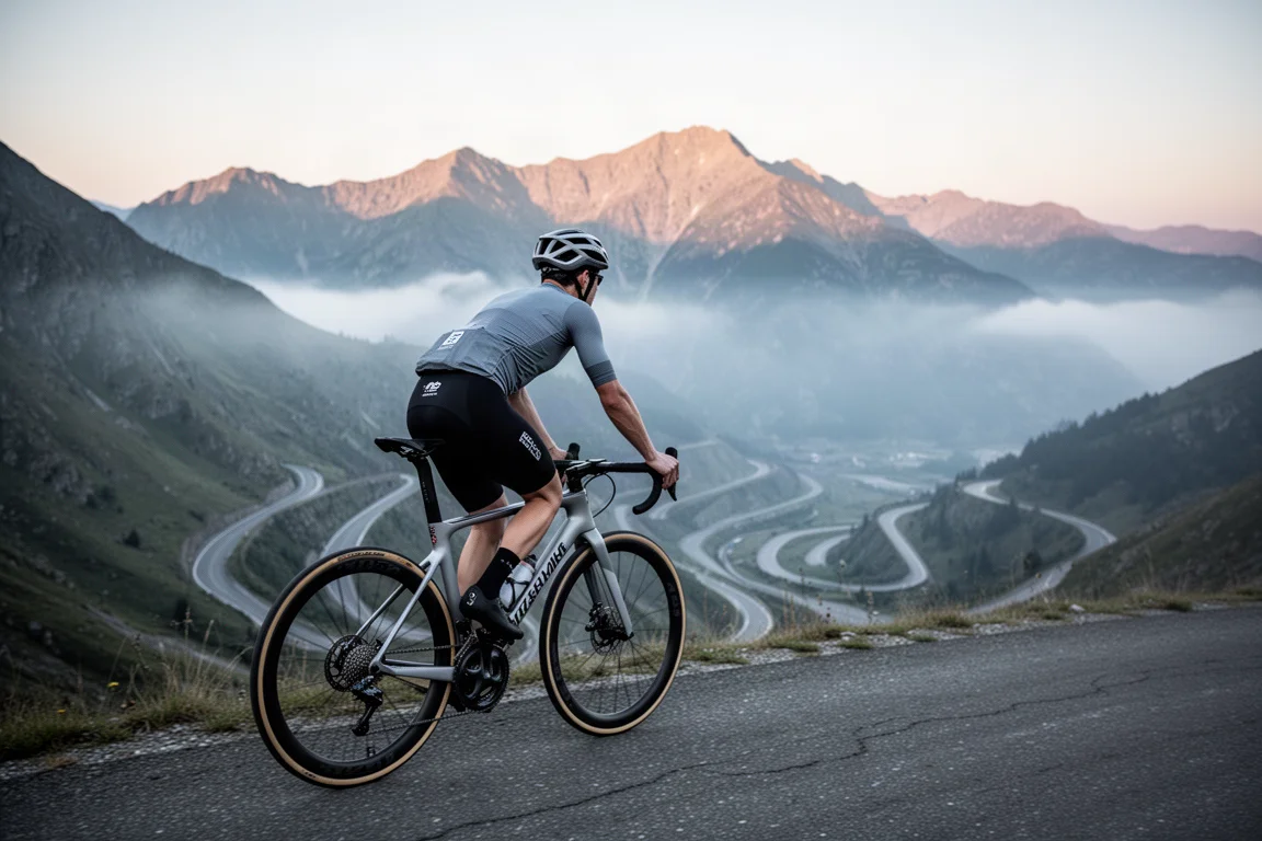 Ciclista su strada che scala un passo di montagna nella nebbia all'alba