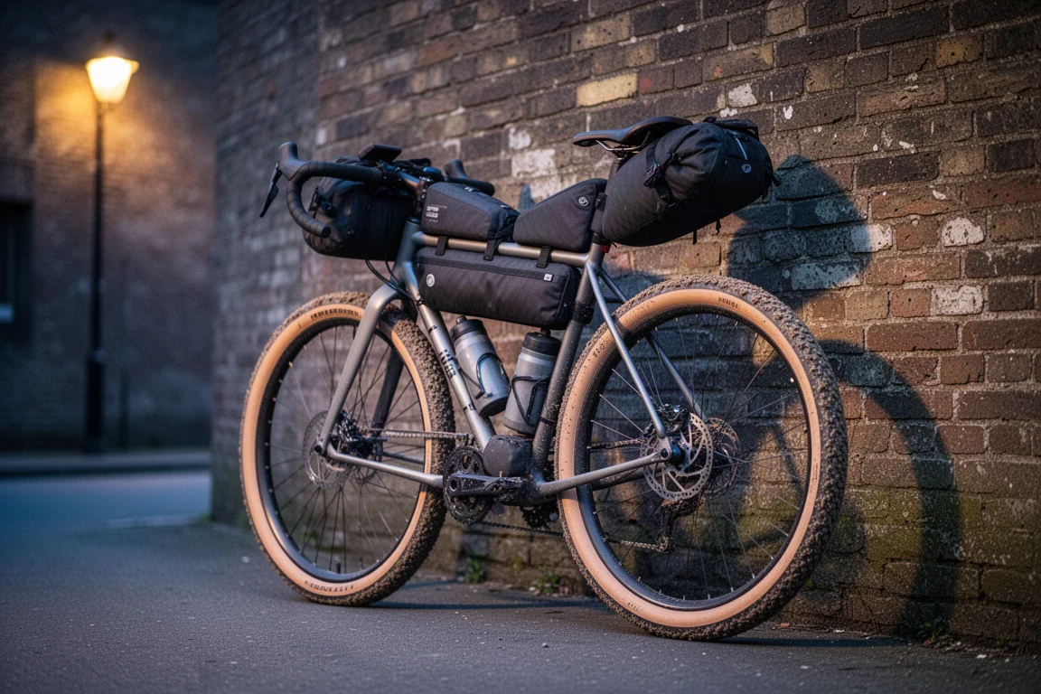 Bici gravel carica con borse da telaio appoggiata a un muro di mattoni al crepuscolo
