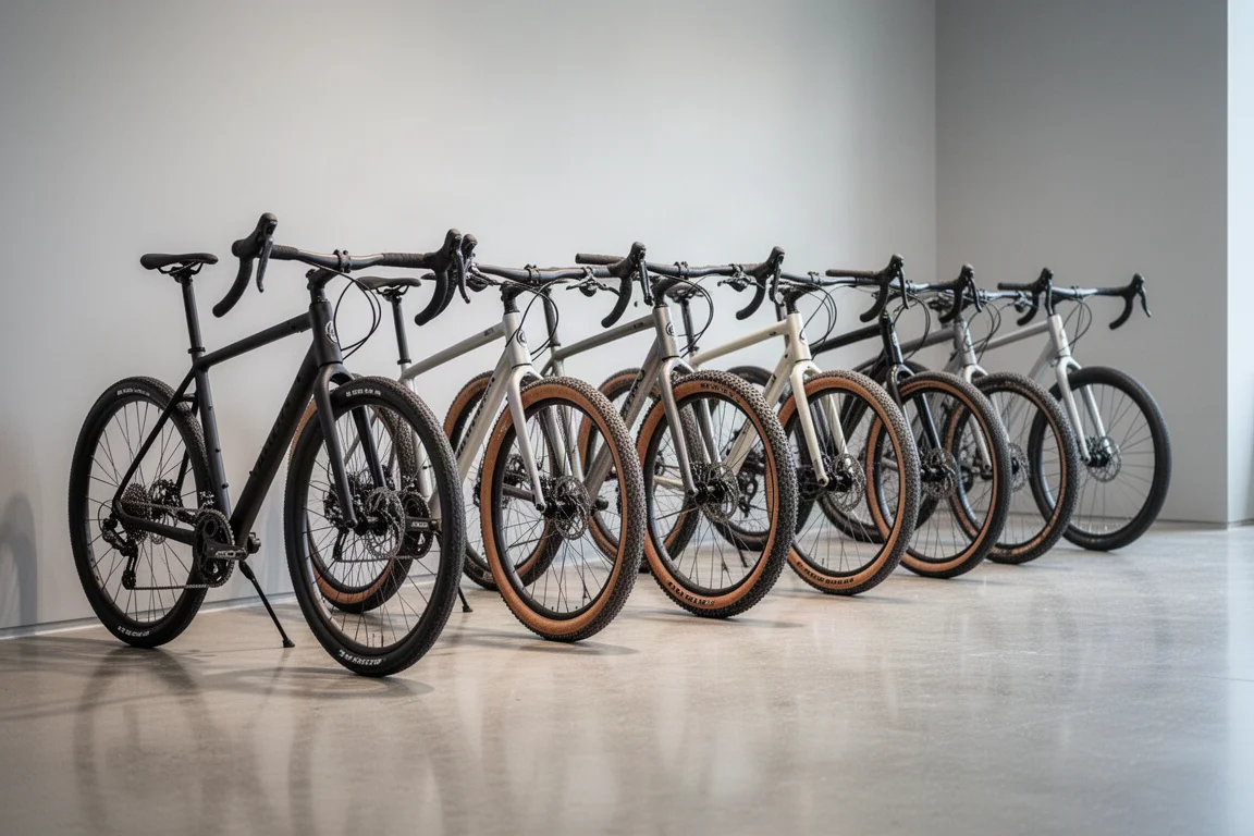 Fila di bici da strada e gravel allineate in un luminoso showroom minimalista