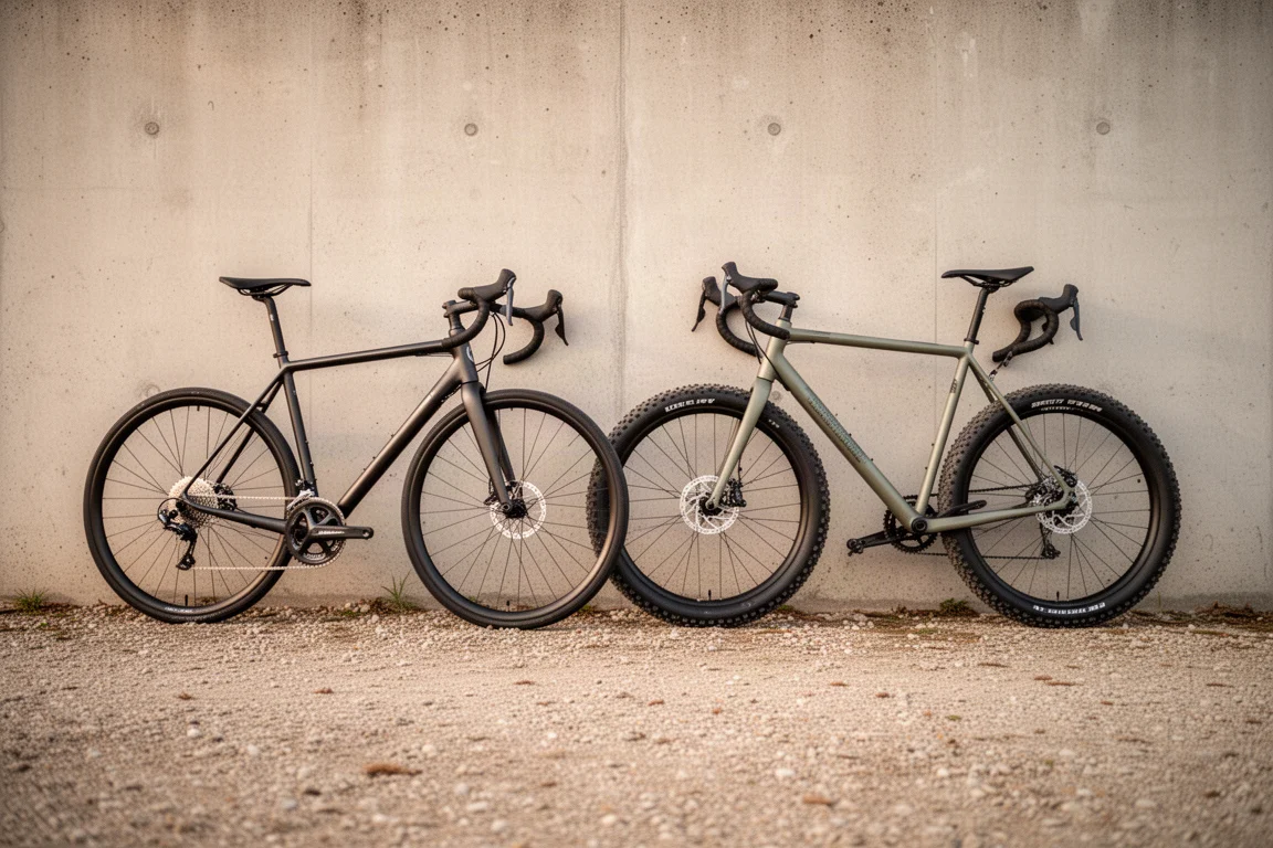 Road bike with slick tyres and gravel bike with wide knobbly tyres parked side by side