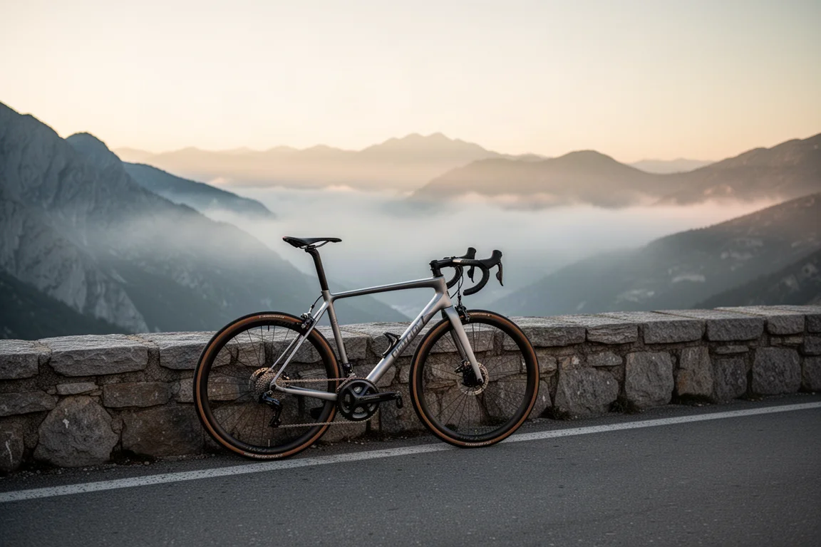 Slim lightweight road bike leaning against a stone wall on a misty mountain pass at dawn