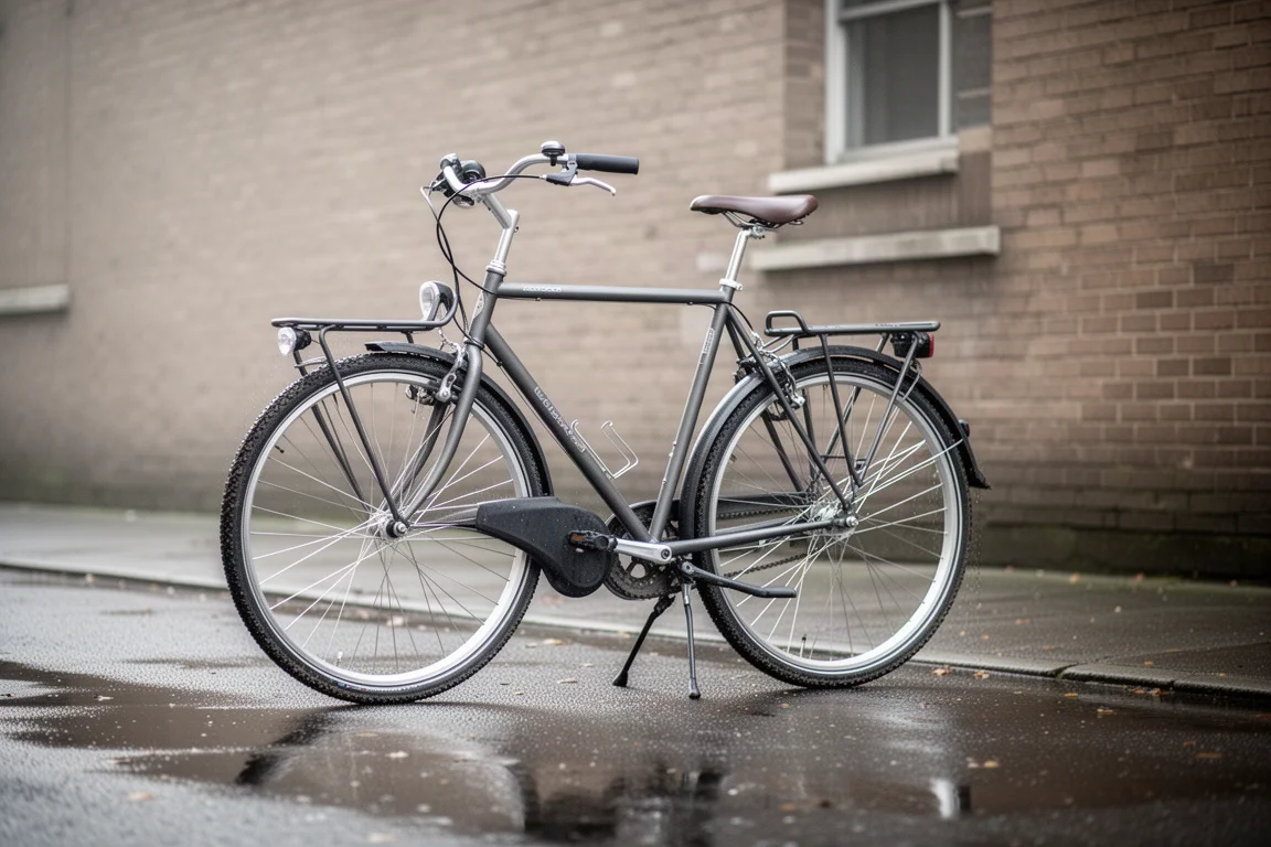 Commuter bicycle with mudguards and rear rack parked outside a brick building in morning light