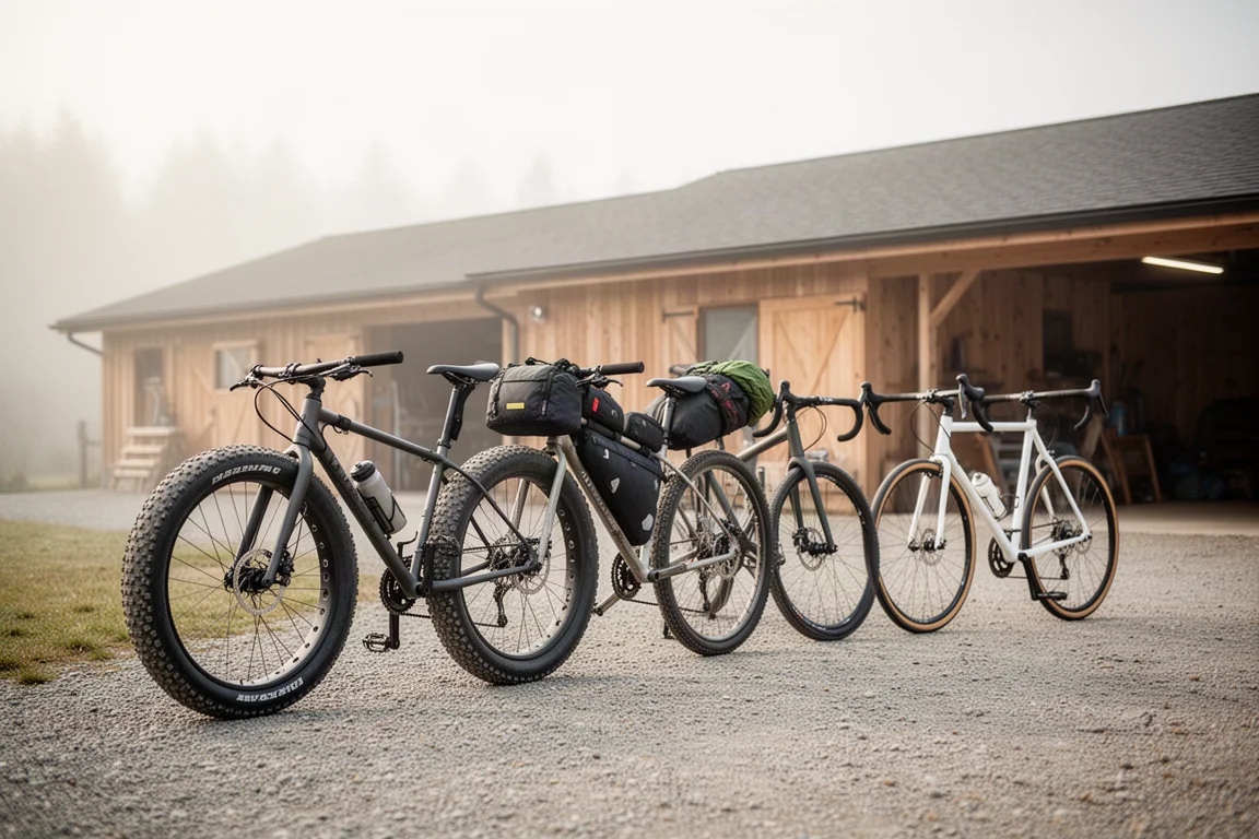 Row of different bicycles on a gravel driveway in soft morning light