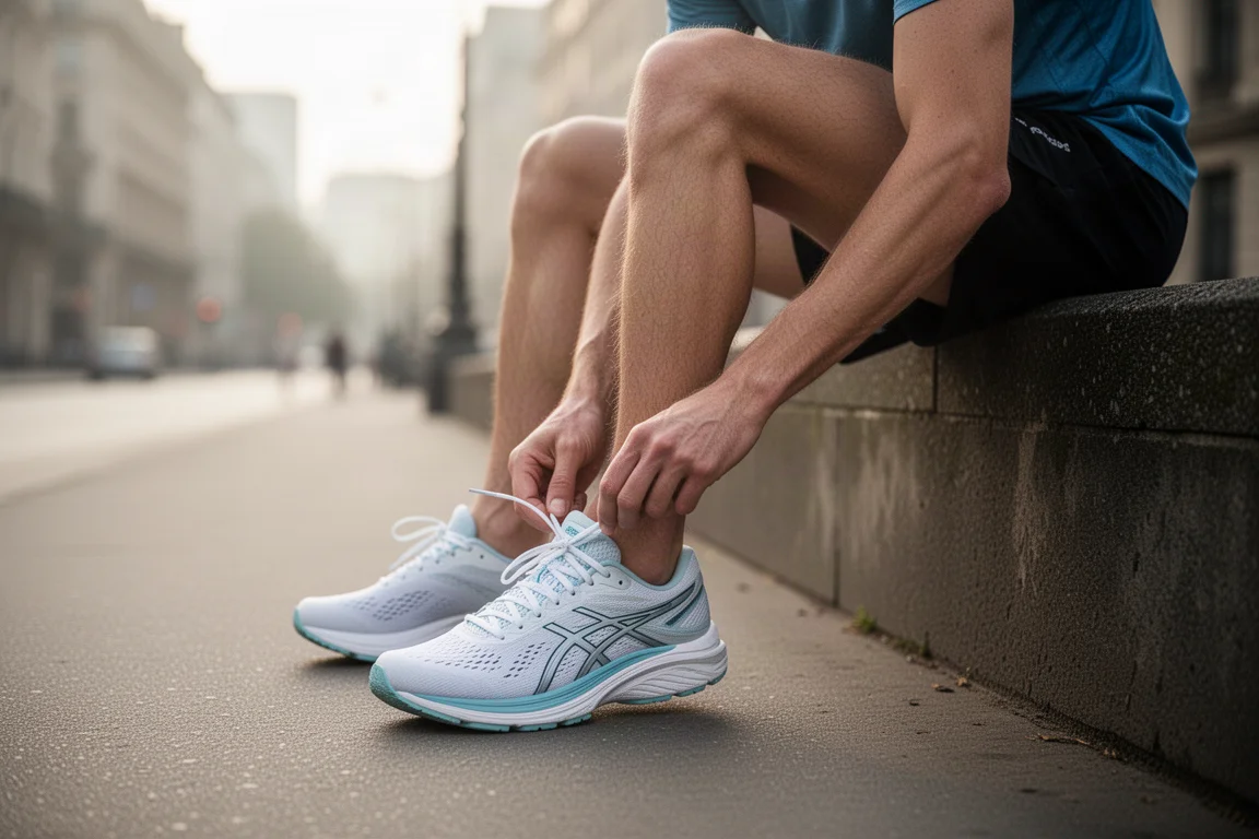 Corredor atándose una zapatilla de running amortiguada en una calle urbana tranquila