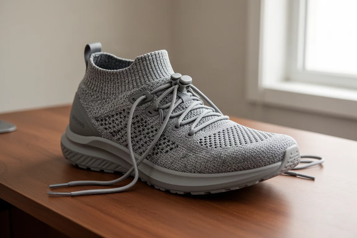 Primer plano de un empeine tejido de zapatilla de running con cordones intercambiables