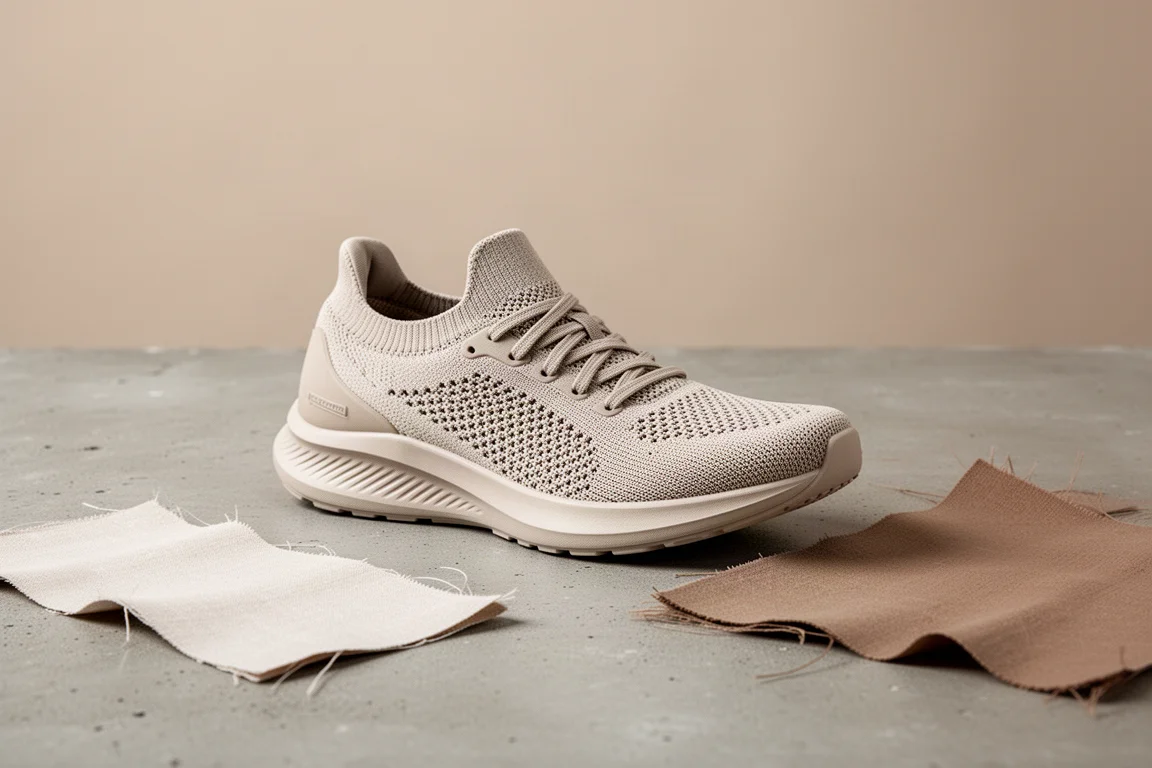 Zapatilla de running tejida junto a materiales de reciclaje sobre una superficie neutra