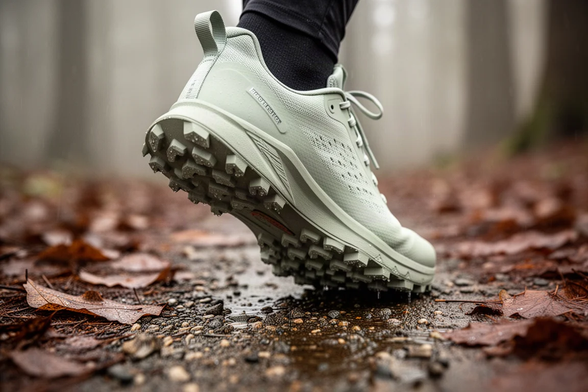 Zapatilla de trail con suela de tacos tipo waffle en un sendero forestal húmedo