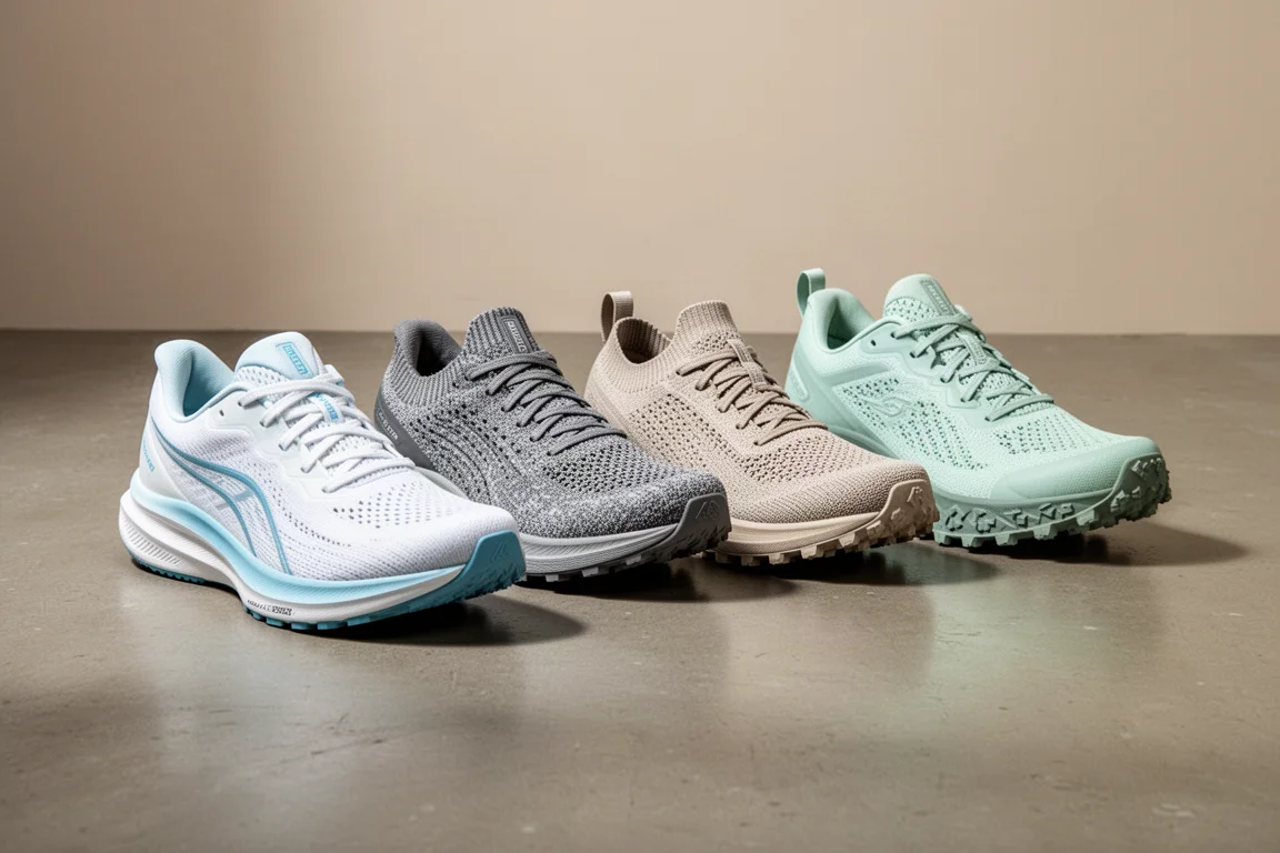 Four running shoes lined up on a concrete studio floor
