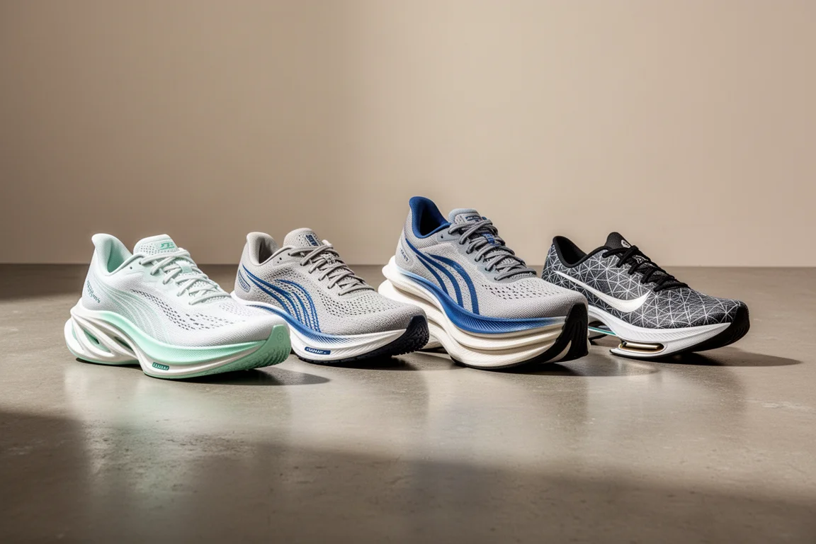 Four running shoes of different styles lined up on a concrete studio floor