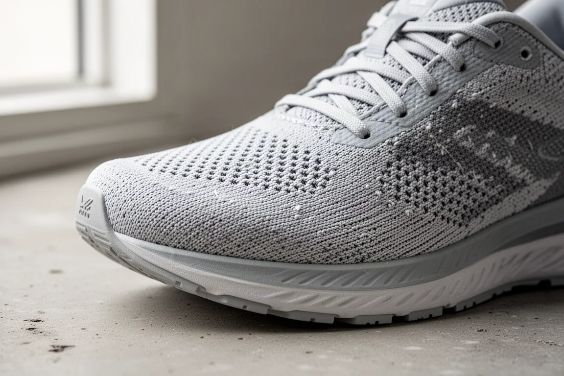 Close-up of a running shoe upper made from recycled ocean plastic materials