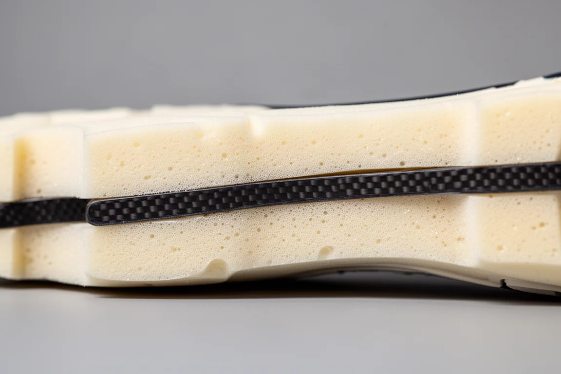 Close-up of a carbon plate visible inside a road racing shoe midsole